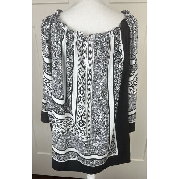 Chicos Sz 3 XL Bohemian Peasant Oversized Top Drawstring Ruffle Neck Black White - Picture 5 of 8